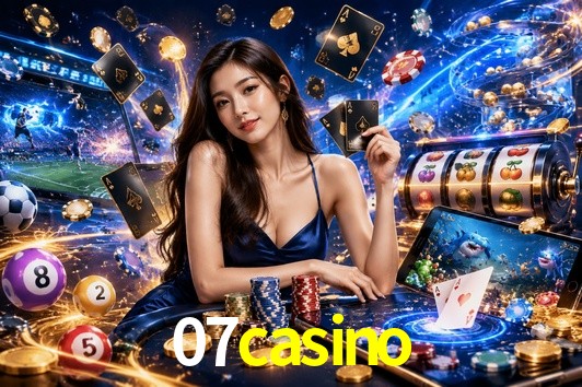 Una escena digital vívida inspirada en casino con 07casino mostrado prominentemente, luces brillantes, fichas, cartas y acentos dorados.