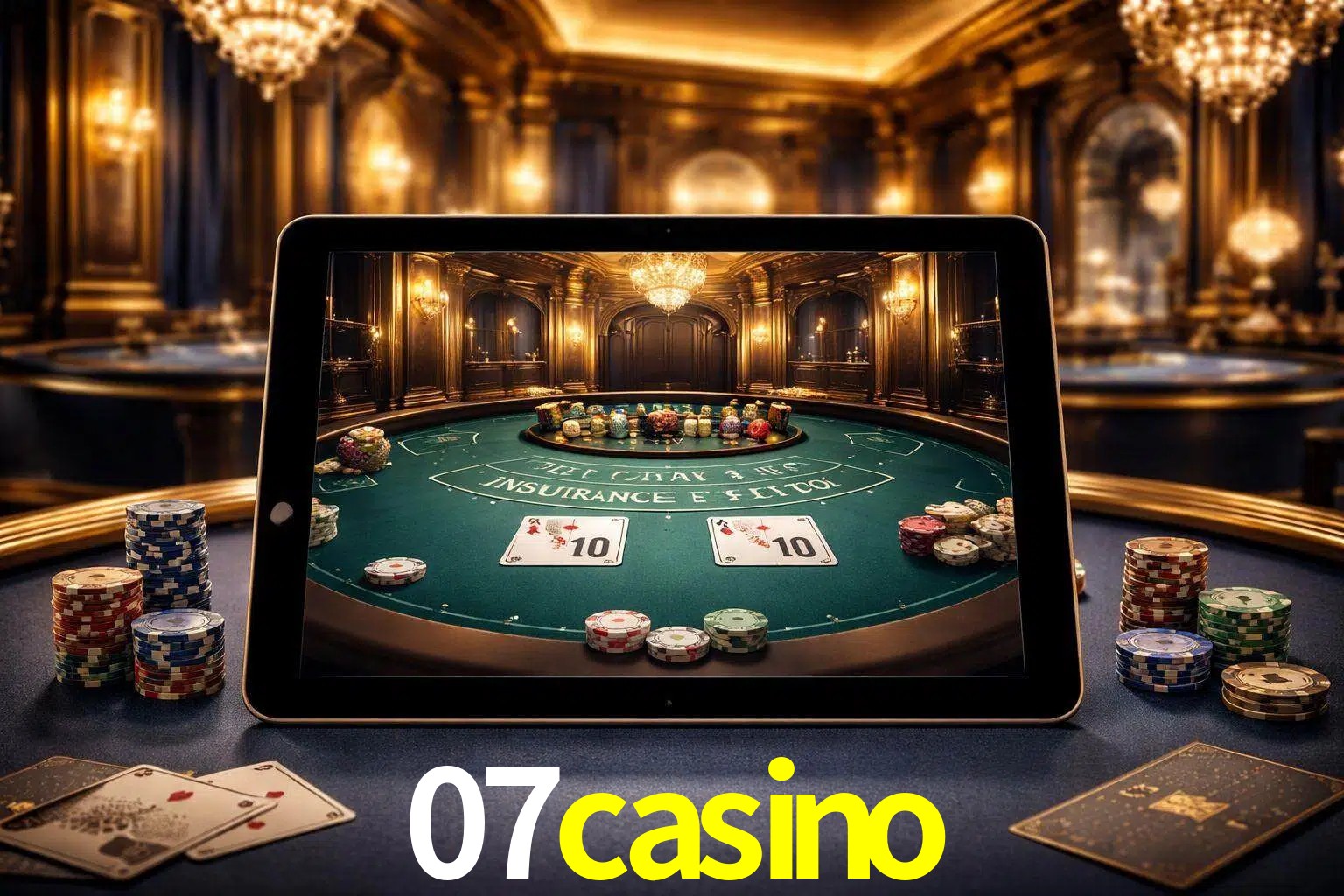 Configuración moderna de casino en vivo con una tableta mostrando una mesa de blackjack, luces cálidas de estudio y una atmósfera elegante de juegos digitales.
