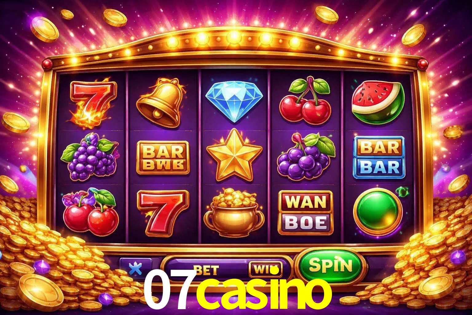 Una interfaz colorida de tragamonedas en línea con símbolos brillantes, monedas y un efecto de victoria celebratoria en 07casino.