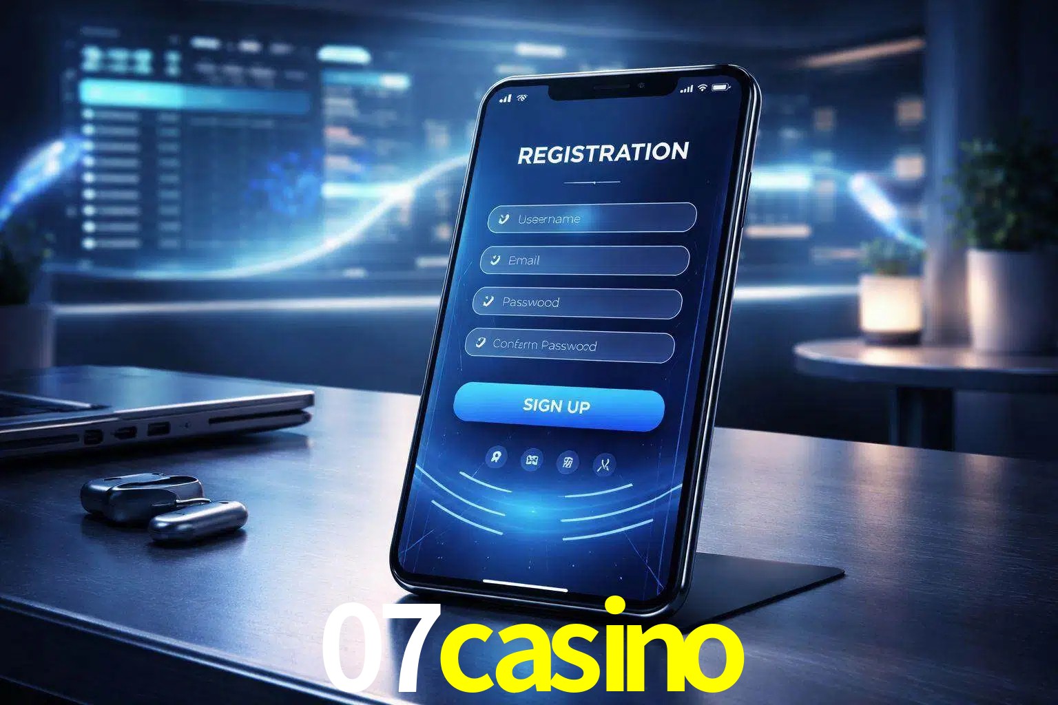 Una interfaz moderna de registro móvil para 07casino mostrada en un smartphone con un panel de apuestas elegante.